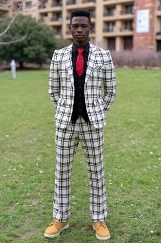 Mens 3-Piece Slim Fit Plaid Suit - Blazer, Vest, and Pants Set for Wedding Prom Casual HRX402