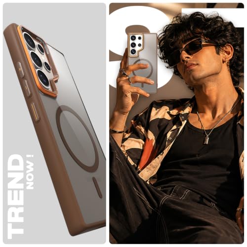Image of Pikkme Back Cover for Samsung Galaxy S24 Ultra 5G | Shockproof | Mag-Safe Compatible | Hard Transparent Back | Premium Raised Camera Protection | Bumper Case (Brown Mag-Safe)