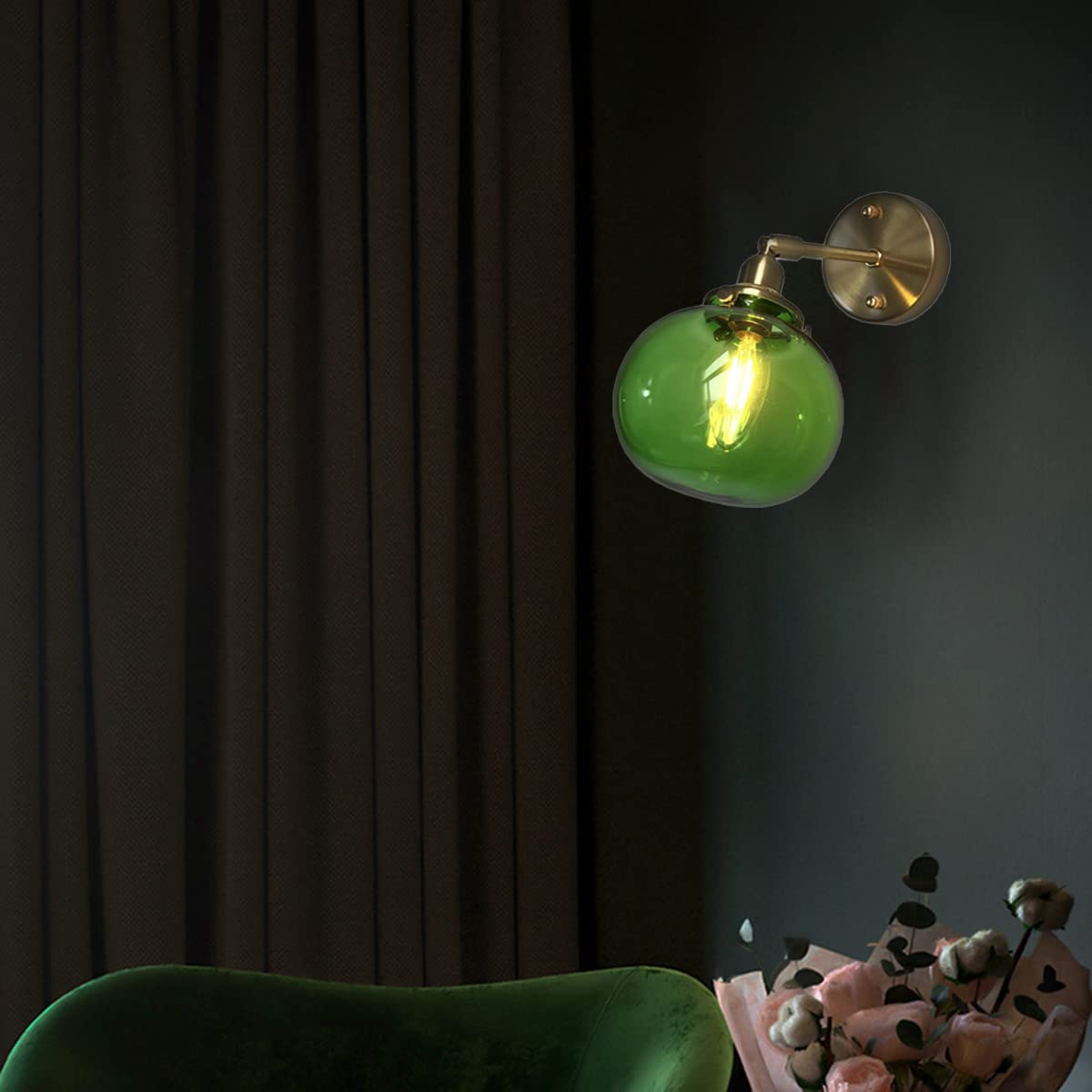 WXKAGF E27 Lampada da Parete per Interni Vintage Lampada da Parete in Vetro Verde Lampada da Parete in Ottone retrò con Paralume sferico Lampadario da Ristorante Illuminazione da Parete Regolabile