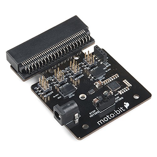Sparkfun moto:bit carrier board Combine with the micro:bit to create fully functioning robotics platform Beginner-friendly controller can operate basic chassis Hookup Sensors Servos and other circuits