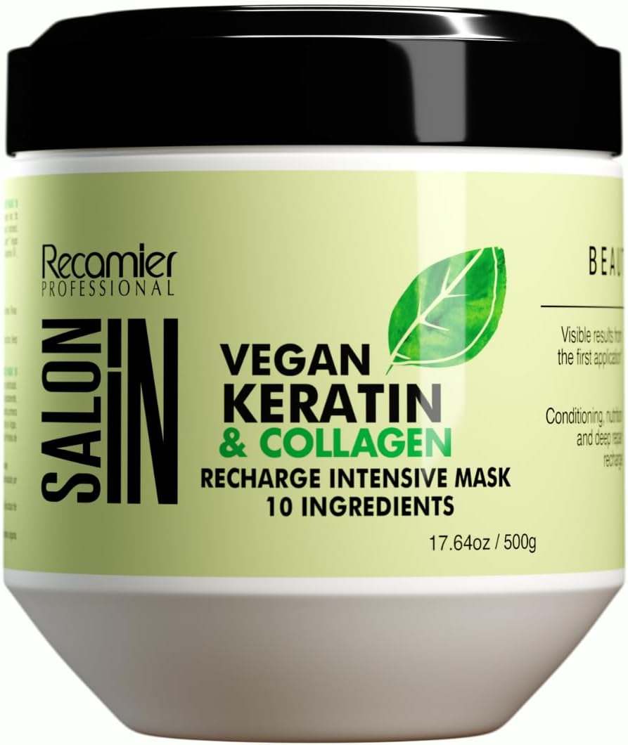 Salon In by Recamier - Vegan Keratin Hair Treatment Mask | Vegan Keratin & Collagen Hair Recharge Intensive Mask | Cruelty-Free | 17.6 oz / 500 g