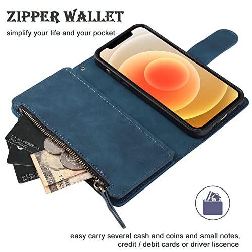 Ranyok Wallet Case Compatible Iphone 12 Pro Max (6.7 Inch), Premium Pu Leather Zipper Flip Rfid Blocking Wallet With Wrist Strap Magnetic Closure Built-In Kickstand Protective Case - Blue #TOP5