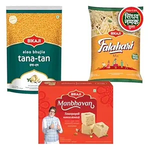 Bikaji Soan papdi manbhavan 500g & tana-tan aloo bhujia 200g & falhari mix 200g | Indian Sweet & Savory Snack Combo | 900g (31.74oz) Gift Pack