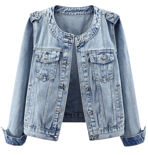 Kedera Jean Jacket for Women Trendy Collarless Button Down Long