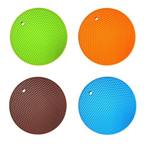 KINGREE 4PCS Multipurpose Silicone Drying Mat, Silicone Pot Holders, Trivets, Jar Openers, Non Slip Heat Resistant Hot Pads (Round)