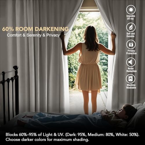 Image of H.VERSAILTEX Back Tab Curtains 90 Inch Long for Living Room, Rod Pocket Room Darkening Thermal Insulated Blackout Curtains, 52 x 90 Inch, Ivory, 2 Panels