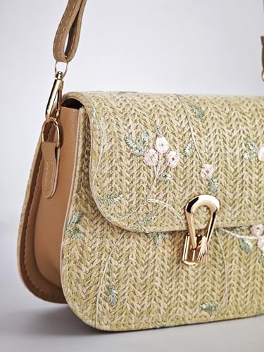 Women's Straw Woven Crossbody Bag Lace Flower Saddle Bag Handbag Lock Evening Clutch Purse4