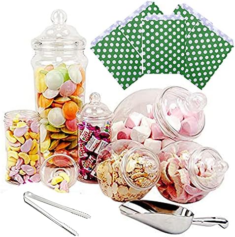 6 Jar Retro Pick & Mix Victorian Sweet Shop Candy Buffet Kit Party Pack with Scoop, Tongs & Bags - Pink Stripe