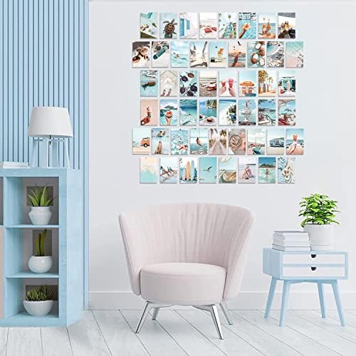 KAIRNE 50PCS Blue Ocean Teen Girl Room Decor Aesthetic, 50 Set of 4x6 inch, Summer Beach Collage Print Kit, Fashion Room Art Prints for Girls, Dorm Photo Display, VSCO Bedroom Posters for Bedroom