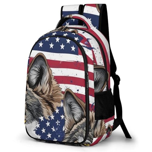 Lightweight Backpack, Women's Elegant Vintage American Flag Wolf Backpack with Pockets and Handle, Reusable Sturdy Travel Shoulder Bag