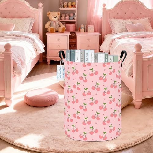 Image of Round Laundry Basket Collapsible Storage Hamper Organizer Pink Cherry | Waterproof Canvas Foldable Baskets with sturdy Handles Multi-scene Organizer for Home Play Bedroom Gift Bin