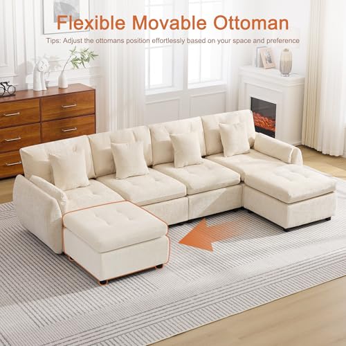 Image of 112 inch U Shaped Modular Sectional Cloud Sofa with 2 Ottomans, Oversized Deep Seat Tufted Chenille 6-Seater Couch with Curved Arms, Upholstered Sofas for Living Room, Beige