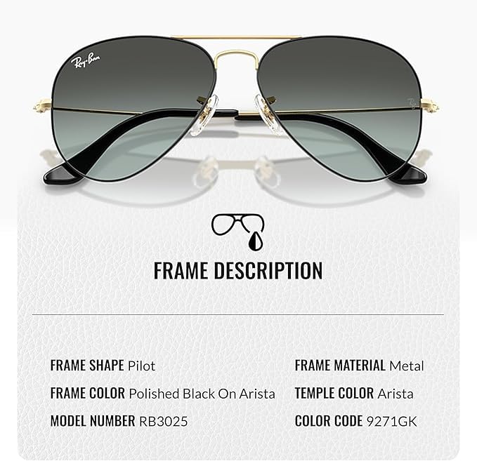 Image of Ray-Ban RB3025 AVIATOR LARGE METAL Pilot Shape Sunglasses for Men & Women with Official Eyewear Kit
