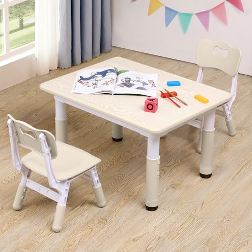 Image of CuFun Adjustable Kids Table & Chairs Set for Ages 3-8 | 31.5"x23.6" Easy-Clean Activity Table | Meets ASTM/CPSC Standards for Daycare, Homeschool & Playroom (Natural-Wood, 2 Chairs)