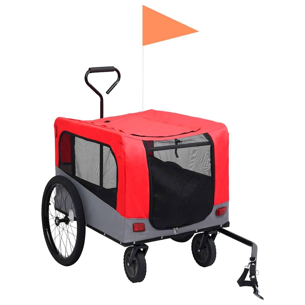 2-in-1 Fahrradanhänger für Hunde und Buggy Rot und Grau Transportwagen für Hunde und Katzen,leicht,sicher,große Kapazität atmungsaktiv,für Ausflüge und Reisen