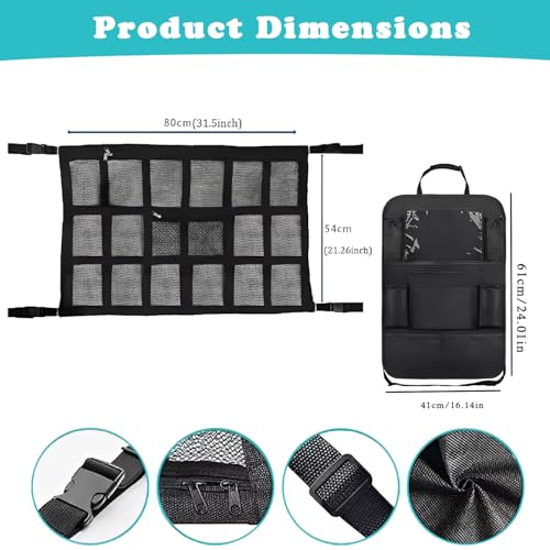 Car Ceiling Cargo Net with Backseat Organizer, Anti-Fall Ceiling Mesh Storage Organizer, Double Layer Cargo Net, Heavy Duty Load Capacity Roof Net Inside Car, Easy-to-Install & Reduce Sagging.
