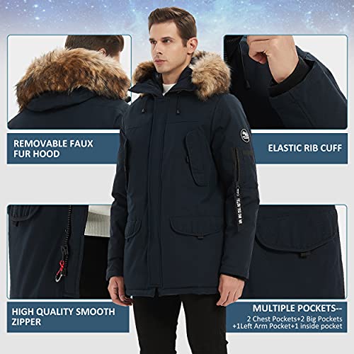 Mens Vegan Down Long Parka, Molemsx Winter Jackets For Men Faux Fur Classy Lined Warm Overcoat Outdoor Down Alternative Sports Ski Camping Expedition Insulated Mountain Ski Jacket Gift Navy,Xs-Regular #TOP5