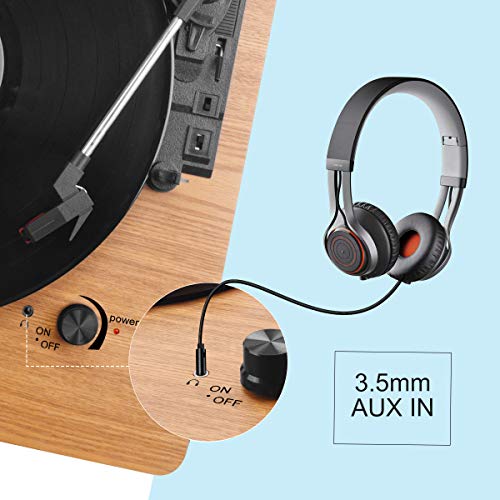 Wrcibo Record Player, Vintage Turntable 3-Speed Belt Drive Vinyl Player LP Record Player with Built-in Stereo Speaker, Aux-in, Headphone Jack, and RCA Output, Natural Wood - Thumbnail 2