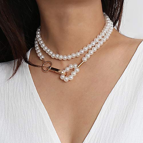Missgrace Gold Multi Strand Simulated Pearl Resin Chain Collar Choker Statement Necklace Costume Jewelry Statement Necklaces for Women and Girls (Style 2)