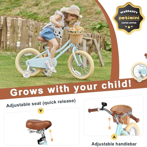 Image of Petimini Vintage Kids Bike for Girls, 12-20 Inch Classic Bicycle with Wicker Basket & Bell, High Tensile Steel Frame, Training Wheels (12-18 inch), 85% Pre-Assembled, Retro Bike for Outdoor Riding