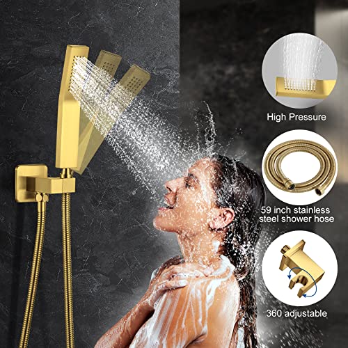 Jomeoo 12 Inch Brushed Gold Shower Head With Tub Spout, 3 Function Wall Mounted Bathtub Shower Faucet Set, Bathroom High Pressure Rain Shower Head With Handheld Sprayer Rough In Valve Body And Trim #TOP3