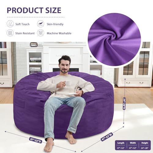 5FT Bean Bag Chair, Large Bean Bag Chairs with Memory Foam Filled, Fluffy Beanbag Sofa with Dutch Velvet Cover, Round BeanBag Chairs for Living Room, Playroom - Purple