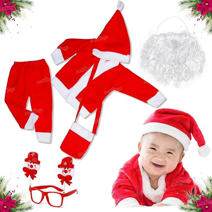 Zest 4 Toyz Synthetic Woven Santa Claus Dress Costume Jacket Pant Cap Pouch Christmas Party Goggle Frame & Beard For Kids Babies Boy & Girls - Red (B09N1Q77MP) Amazon Price History, Amazon Price Tracker