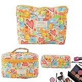 Yhsioaklo Bolsa acolchada, bonita bolsa de aseo | Neceser estético floral de viaje, neceser organizador de maquillaje para mujeres y niñas, Bolso grande Love Graffiti + mediano + pequeño, Consulte la