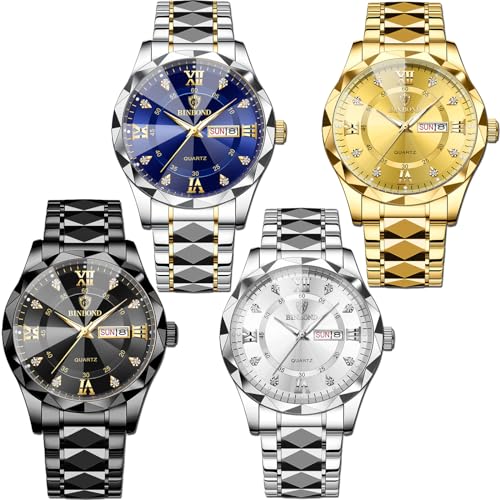 yunanwa 4 Pack Men Watches Diamond Business Dress Analog Quartz Stainless Steel Waterproof Luminous Date Silver Blue Black Gold Luxury Casual Watch for Men (Men)
