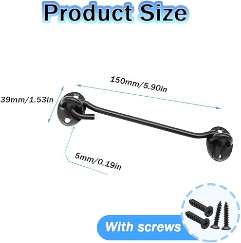 Miniatura 2 de Paquete de 2 ganchos de privacidad de 6 pulgadas y pestillo de ojal, cerradura de puerta de granero negro, ganchos de cabina con tornillos para