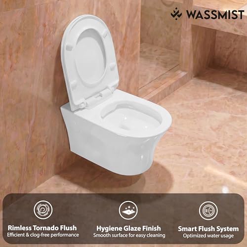 Image of WASSMIST Commode for Toilet | Wallhung Tornado Flush Rimless Bathroom Commode | with Soft Close Toilet Seat Cover | Modern Space Saving with Easy Cleaning Design