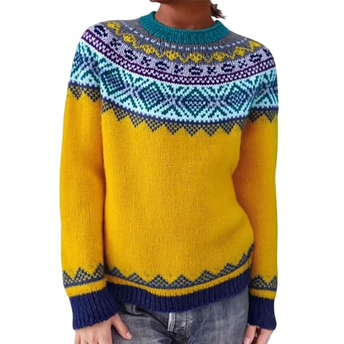 Womens Ski Sweater Fairisle Sweaters Petite Long Sleeve Crew Neck Retro Country Pullover Sweater Fall Spring Winter Vintage Boho Cozy Warm Knit Jumpers Tribal Aztec Floral Grandma Knitwear Tunic Tops