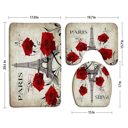 3pcs Eiffel Tower Bathroom Sets with Non-Slip Rug,Toilet Lid Cover and Bath Mat,Romantic Vintage France Paris Abstract Red Rose Floral Stamp Valentine's Day Bathroom Carpet Bath Mat Toilet Rugs