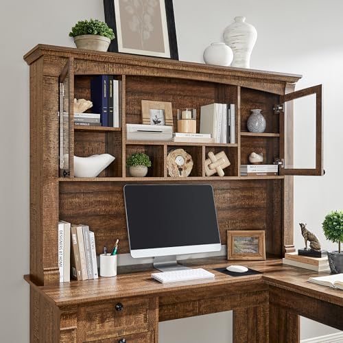 OKD 60" L Shaped Executive Desk with Hutch and Drawers, Farmhouse Home Office Desk with Charging Station, File Cabinet Storage, Wood Corner Computer Desk for Work and Study, Reclaimed Barnwood - Thumbnail 3