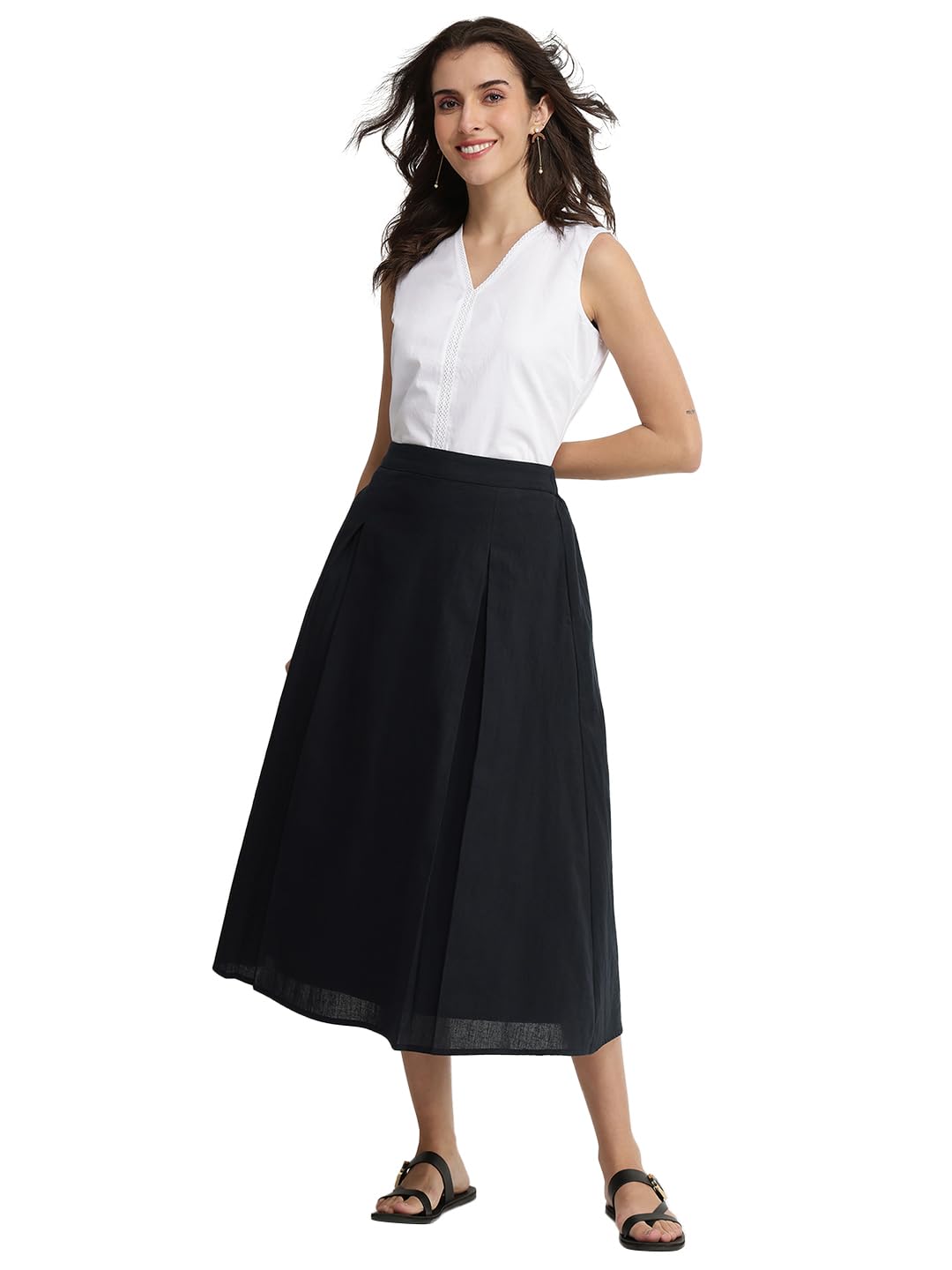 Linen Blend Solid Flared Skirt - Black-image-1
