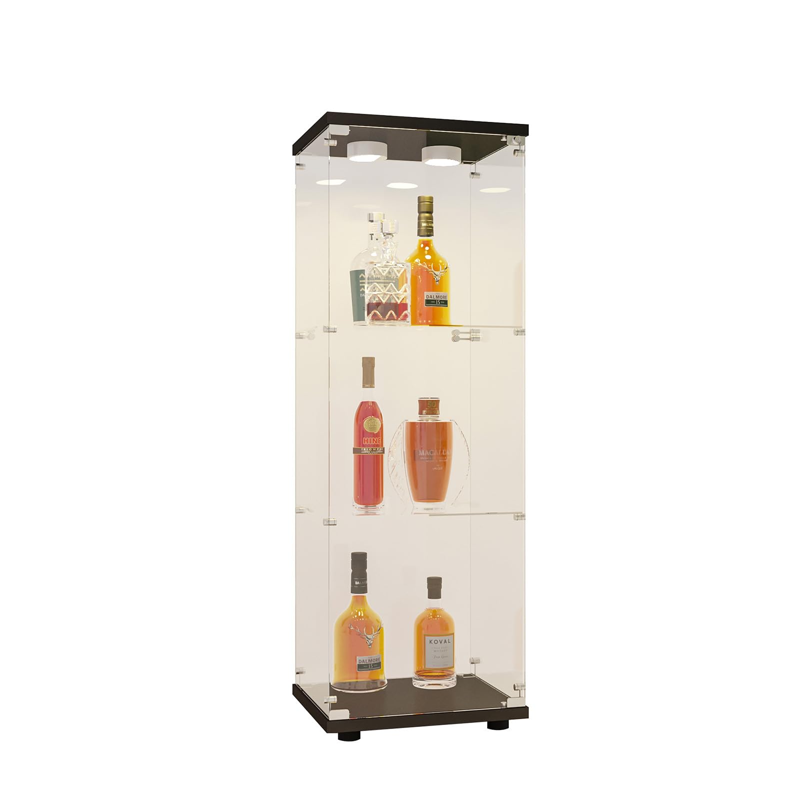 Vitrina de cristal, 3 capas con LED, 1 puerta y cerradura, colección moderna de armario de cristal, armario de almacenamiento de vidrio a pie para sala de estar, dormitorio, oficina (A)