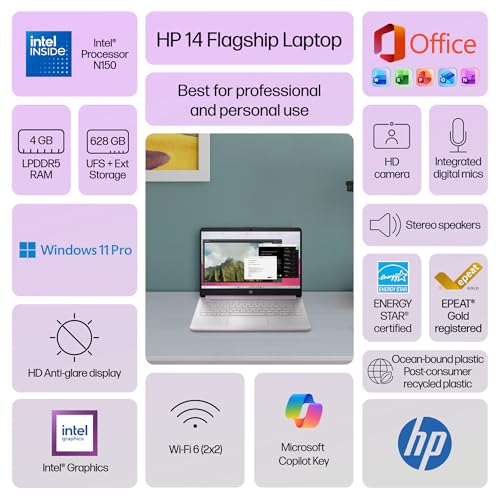 Image of HP 14 inch Laptop Computer for 2026 Student Business Productivity, MS Office & Win 11 Pro, Copilot AI, Intel 4-Core CPU, 4GB DDR5 RAM, 628GB Storage (128GB UFS+500GB Ext), Wi-Fi 6, HubxcelAddon, Lavender