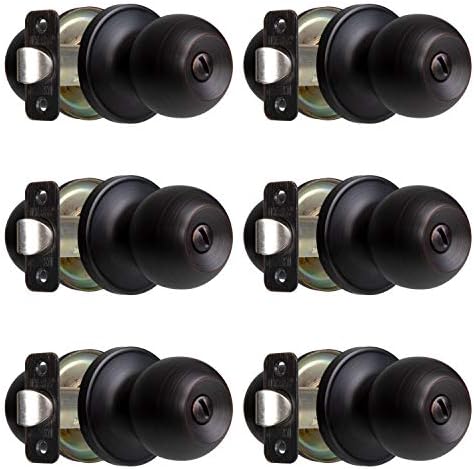 Ilyapa Interior Privacy Door Knobs for Bedroom and Bathroom - Ball Style Oil Rubbed Bronze Interior Keyless Privacy Door Knob - Turn Thumb Locking Round Door Handle, 6 Pack of Ball Knobs with Lock