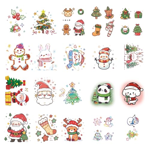 ZORVYN 20 Pezzi Tatuaggi Glitterati di Natale per Bambini, Decorazioni Natalizie e Regali con Babbo Natale/Fiocchi di Neve/Pupazzo di Neve/Tatuaggi Natalizi