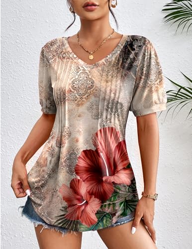 Zeagoo Women's Puff Short Sleeve Boho Shirts Casual V Neck Floral Solid Summer Blouse Pleated Tunic Top2