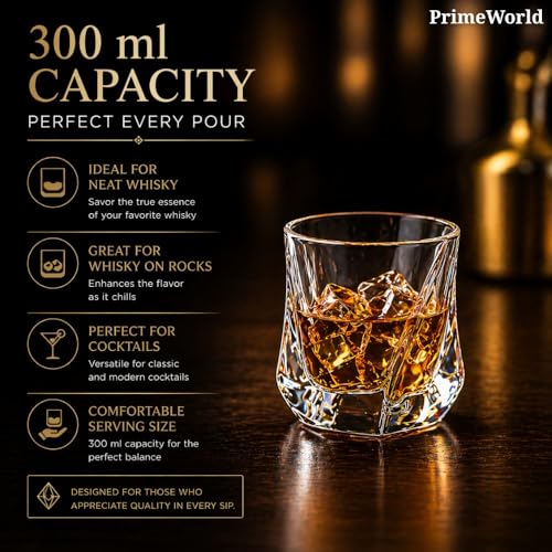 Image of PrimeWorld Eropean Twister Crystal Whiskey Glasses Set of 6 pcs- 300 ml Bar Glass for Drinking Bourbon, Whisky, Scotch, Cocktails, Cognac- Old Fashioned Cocktail