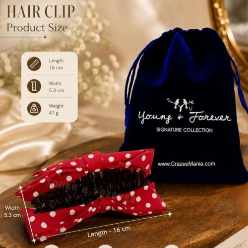 Image of Young & Forever Oversized Polka Dot Bow Hair Claw Clip for Women & Girls - Stylish Red & White French Barrette Hair Accessory for Long & Thick Hair - Elegant Retro Party & Casual Hair Clip