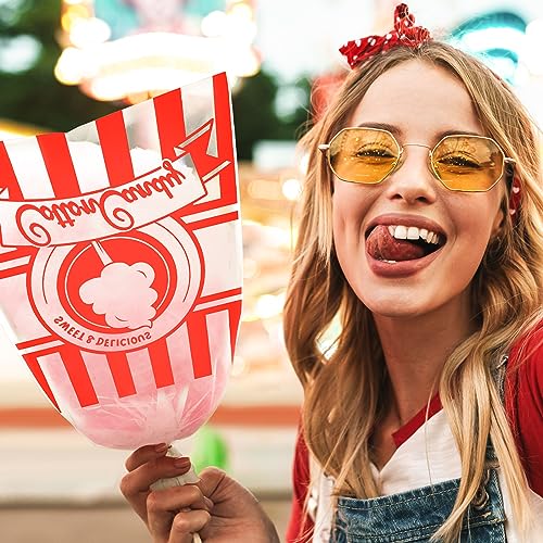 Image of Geyee 500 Count Cotton Candy Bags with Ties Large Clear Cotton Candy Bags with Stripe Print, Perfect for the Carnivals Summer Party Kitchen Supplies 17.7 x 11.8 Inch