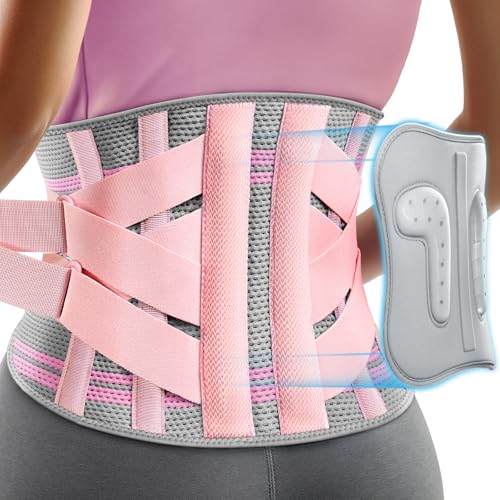 Rakiie Back Brace for Lower Back Pain Women with 9X Support System, Ergonomic Lumbar Support for Pain Relief, Breathable Mesh Design with 3D Silicone Pad for Sciatica, Pink Size M (Waist: 33.5