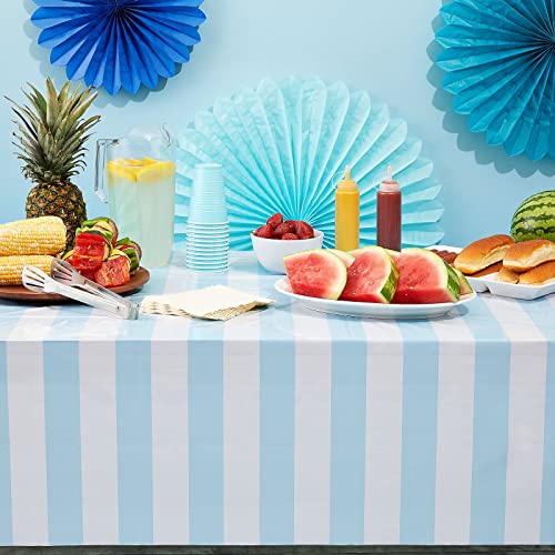 Image of BLUE PANDA Beach Table Cloth - 54 x 108 in, Light Blue & White, 3-Pack - Striped Plastic Tablecloth & Disposable Table Cover - Beach Party Decoration
