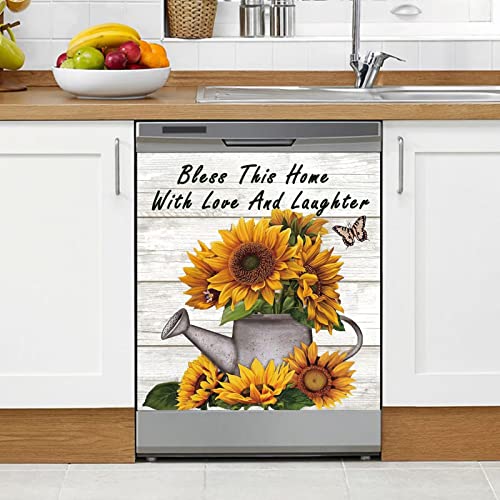 Flower Dishwasher Covers For The Front Magnetic,Sunflowers Refrigerator Magnetic Stickers,Wood Grain Floral Home Cabinet Decor Panel Decal,Sunflower Sticker Magnet Cover Sheet,Flower Magnets #TOP1