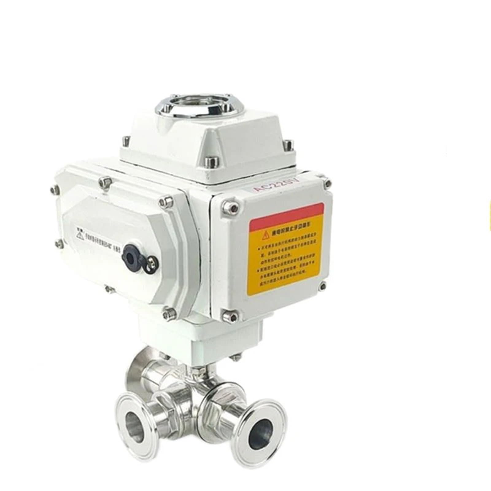 Valvola a sfera motorizzata a piattaforma alta a 3 vie da 19 mm in acciaio inossidabile Q911F-16P Valvola a sfera elettrica con morsetto a tre vie sanitaria, 1 pezzo(L TYPE_24VDC)