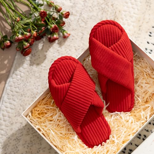 Image of GOEWY House Slippers for Women Fuzzy Womens Slippers Indoor Outdoor Open Toe With Cross Band Corduroy Memory Foam Warm Gifts for Woman Size 7 8.5 Red