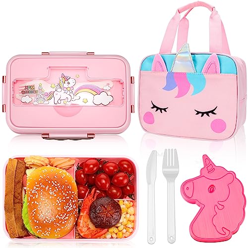 Unicorn Lunch Bag Lunch Box Set for Girls Daycare Preschool Insulated Lunch Bag with 4 Compartment Bento Box Reusable Unicorn Ice Pack Back for Back to School Lunch Toddler School Supplies Ideal Gift