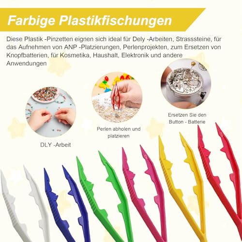Forevat 12 Stück Bügelperlen Pinzette, Mehrfarbig Kunststoff Pinzette Set mit Gezahnter Spitze, 10 cm Multifunktional Perlenpinzette für Modellbau, DIY Basteln, Puzzle und Elektronik